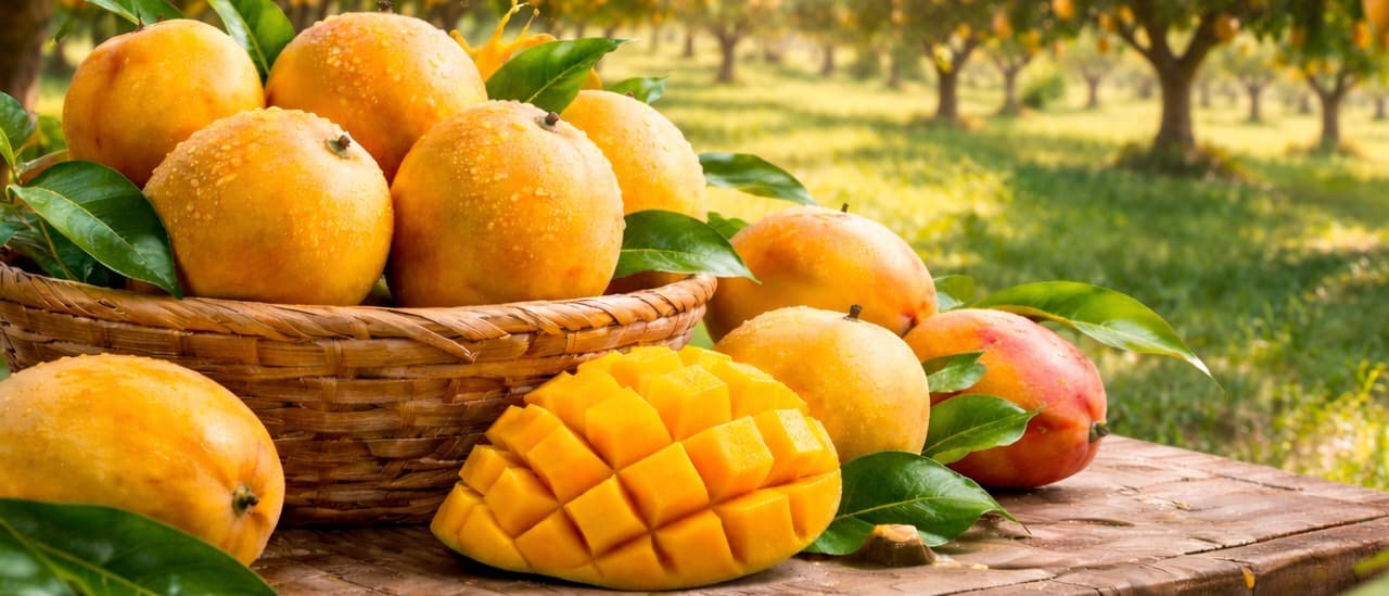 Fresh ripe mangoes in a basket
